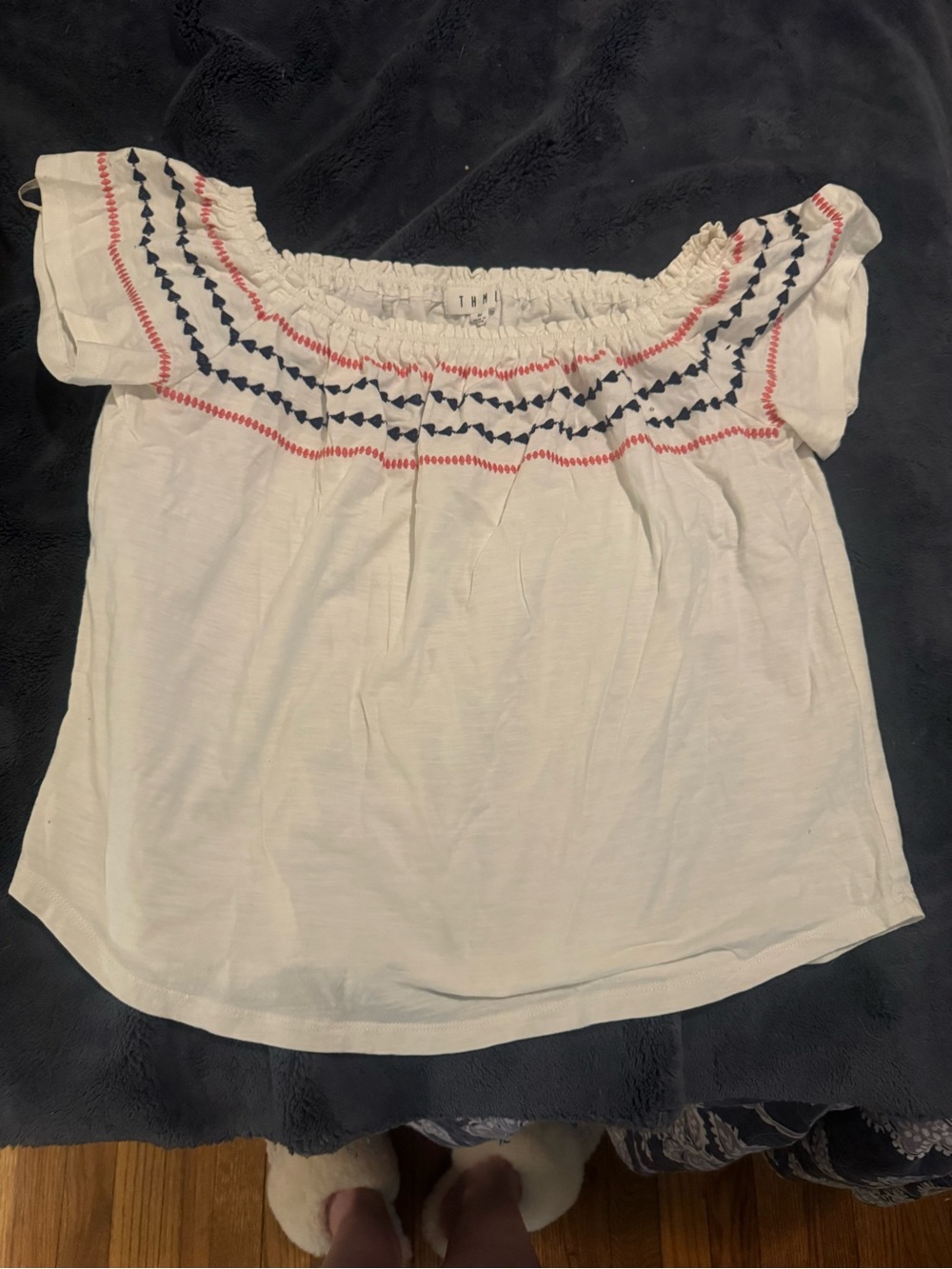 THML White Off-Shoulder Embroidered Tunic with Navy & Red Accents